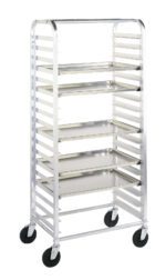 The Metro RT3511N Side-Load Knock Down Pan Rack, with 5 slide spacing and dimensions of 28.375 x 18.75 x 64.125, features a metal frame, multiple shelves, is open-sided, mobile on four wheels, and ideal for easy tray storage or transport in kitchens or bakeries.