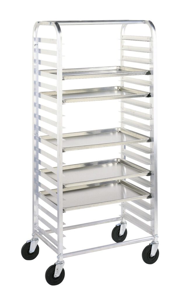 The Metro RT3511N Side-Load Knock Down Pan Rack, with 5 slide spacing and dimensions of 28.375 x 18.75 x 64.125, features a metal frame, multiple shelves, is open-sided, mobile on four wheels, and ideal for easy tray storage or transport in kitchens or bakeries.