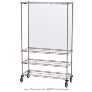 The Metro SHC184880K4-MUB-4 Mobile Protective Barrier Shield Stand in Metroseal Gray features three wire shelves and caster wheels. A clear panel is depicted but not included.