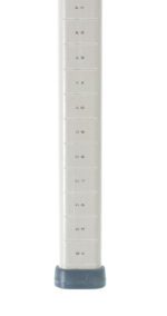 A gray rectangular object with evenly spaced indents and a dark base resembles the MetroMax MX33UP Mobile-Ready Industrial Shelving Post, Polymer, 33 H. It appears vertical against a plain white background.