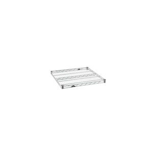 A gray metal wire shelf with a square shape, featuring a grid pattern and edge reinforcements. It has a simple industrial design, suitable for storage or organization purposes.