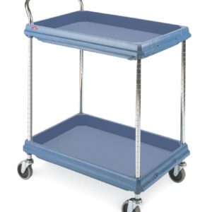 A gray utility cart with two shelves and four swivel wheels. The cart has a metal frame and is designed for carrying items. A handle is attached to the top shelf for pushing or pulling.