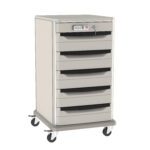 The Metro SXR40PL1 Starsys 40 undercounter storage cart features six beige drawers, an electronic PIN lock with keyhole on the top drawer, and four black wheels for easy mobility.