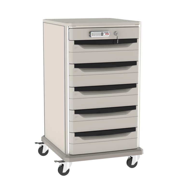 The Metro SXR40PL1 Starsys 40 undercounter storage cart features six beige drawers, an electronic PIN lock with keyhole on the top drawer, and four black wheels for easy mobility.