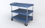 The Metro MY2636-35BU myCart Series utility cart, measuring 26 x 36, is a blue three-tier unit featuring Microban protection, sturdy metal legs, smooth black wheels, and a handle for easy maneuvering, all presented on a plain white background.