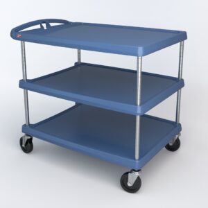 The Metro MY2636-35BU myCart Series utility cart, measuring 26 x 36, is a blue three-tier unit featuring Microban protection, sturdy metal legs, smooth black wheels, and a handle for easy maneuvering, all presented on a plain white background.