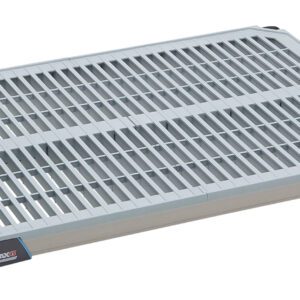 The MetroMax i MX2436G Plastic Industrial Shelf features a 24x36 grey grid mat with two slat rows, black/blue corner reinforcements, and a red Max label.