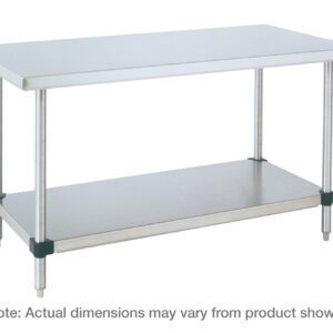 The Metro WT305FS Worktable, 30 x 48, features a flat top, four tubular legs, and a sturdy stainless steel bottom shelf. Actual dimensions may vary slightly from those shown on the white background.