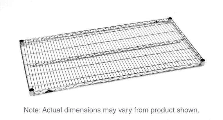 jvcw3hwf2wrqvhu46kziia67w42nki7o.jpg A polished stainless steel Metro Super Erecta 3672NS Industrial Wire Shelf measures 36 x 72 and lies flat against a white background, showcasing a sleek grid pattern and four cylindrical corner supports. Text notes: “Actual dimensions may vary from the product shown.