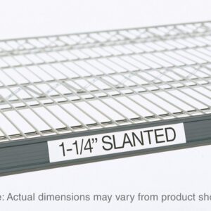 Close-up of a Metro 9990SL4 Super Erecta Slanted Label Holder in gray, labeled 1-1/4” SLANTED. The shelf has a slanted design and measures 43 x 1.25. Note: Actual dimensions may vary from the product shown.