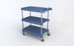 The Metro MY1627-34BU myCart Series 3-Shelf Utility Cart, featuring a vibrant blue design and Microban protection, measures 16 x 27. It has silver metal supports, a small red label on the top shelf edge, and four swiveling wheels for easy mobility.