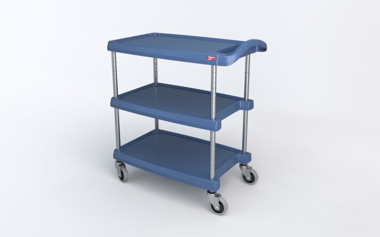 jy1rf1sqbvjmj7hafs1a6gb9dx1oaiu3.jpg The Metro MY1627-34BU myCart Series 3-Shelf Utility Cart, featuring a vibrant blue design and Microban protection, measures 16 x 27. It has silver metal supports, a small red label on the top shelf edge, and four swiveling wheels for easy mobility.