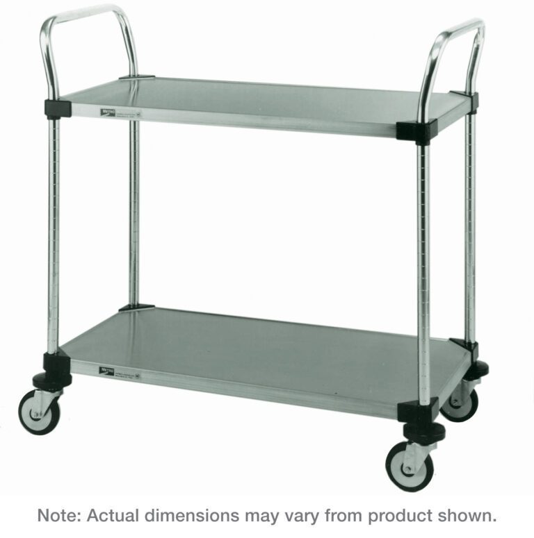 kp5rkye55y6e3ac3t4kucxy7dynv4lio.jpg The Metro MW105 MW Series Utility Cart, with two stainless steel solid shelves, measures 18 x 36 x 38 and includes four swivel wheels for easy movement. Metal handles are provided for maneuverability. Note: dimensions may vary slightly.