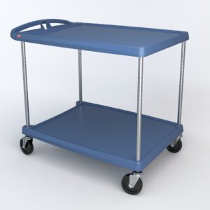 The Metro MY2636-25BU myCart Series 2-Shelf Utility Cart in blue has Microban protection, a convenient handle, sturdy metal rods, and four black swivel wheels for easy movement. Its compact 26 x 36 design stands out against a plain white background.