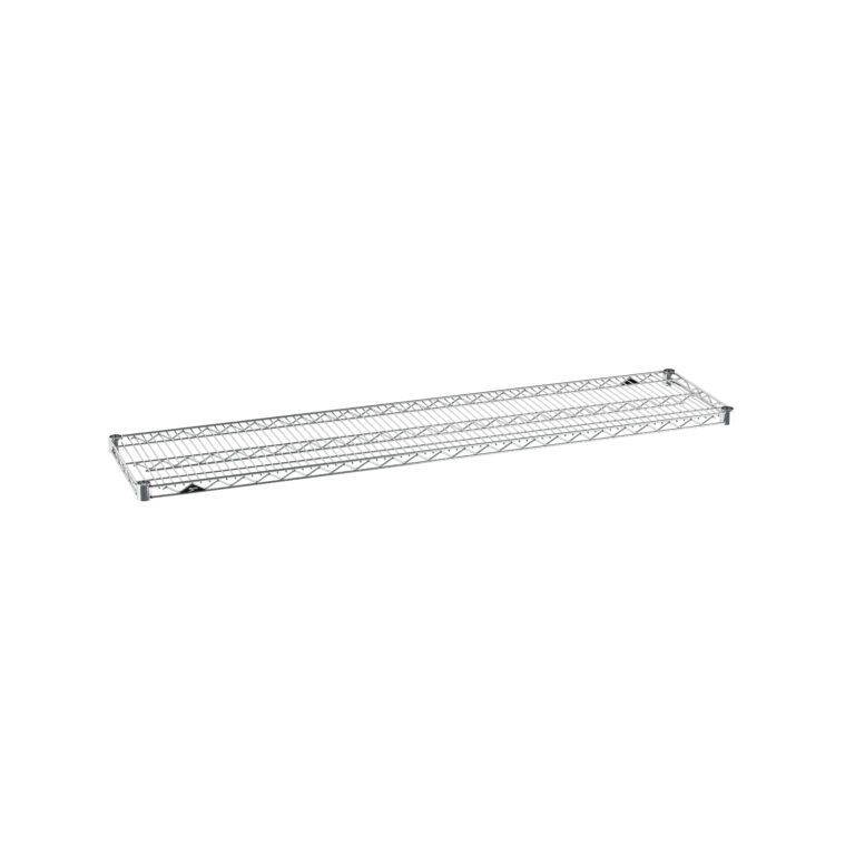 kru1lq56nodzkyk0scg4k6tww5bzkx0k.jpg The Metro Super Erecta 1460NC Industrial Wire Shelf, a long, rectangular 14 x 60 unit with a chrome finish, features a grid pattern and four corner brackets, set against a white background.