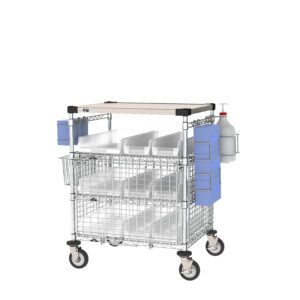 The Metro CR243033-CKST PPE Check-In Station is a metal medical cart with wheels, featuring blue and white compartments, three wire mesh baskets, a side-mounted large pump bottle, and additional holders for organized supply management.