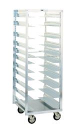 The Metro RT183N End-Load Knock Down Pan Rack features 3 slide spacing and measures 20.375 x 28 x 64.125. It is a metal bakery rack with open sides and caster wheels for easy mobility.