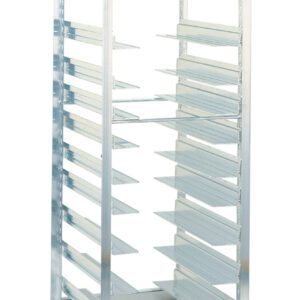 The Metro RT183N End-Load Knock Down Pan Rack features 3 slide spacing and measures 20.375 x 28 x 64.125. It is a metal bakery rack with open sides and caster wheels for easy mobility.