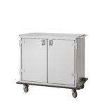 The Metro CASE36-L6S-P stainless steel closed case cart includes a passive lock, two closed doors, sturdy hinges, and a flat top. Perfect for onboard service, it measures 45 W x 28.6875 D x 39.5625 H and features four wheels for easy mobility with a sleek rectangular shape.