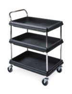 A three-tiered black utility cart with a metal handle and four wheels. Each level has a flat surface for carrying items. The cart frame features metal poles and appears suitable for use in various settings.