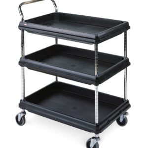 A three-tiered black utility cart with a metal handle and four wheels. Each level has a flat surface for carrying items. The cart frame features metal poles and appears suitable for use in various settings.