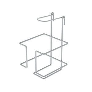 Wireframe illustration of a minimalistic, abstract metal rack, featuring geometric shapes with angular lines and curves, in a light gray color, set against a plain white background.