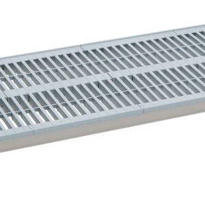 The MetroMax i MX1860G Industrial Shelf is a sturdy, gray 18 x 60 platform with black and blue corners, blending style and practicality against a white backdrop.