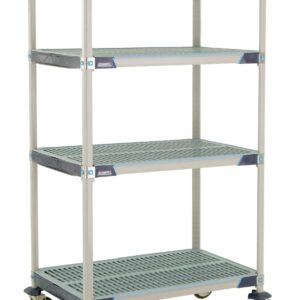 A gray MetroMax i X536EGX3 cart features perforated open grid shelves, dark gray reinforced top corners, and four casters. It measures 24 x 36 x 67.3125 and appears empty against a white background.