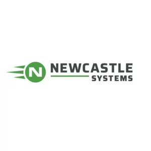 The image is a logo for Newcastle Systems. It features a green circle with the letter N inside, followed by the company name in dark gray text. Lines extending from the circle suggest motion or speed.
