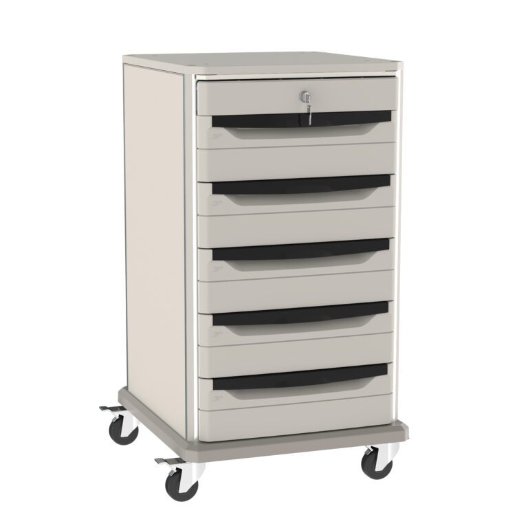 The Metro SXR40KL1 Starsys 40 Tall Undercounter Storage Cart boasts a sleek design with six pull-out drawers, an off-white finish, black handles, sturdy caster wheels, and a top drawer locking mechanism for security.