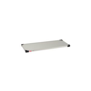 This rectangular platform is made from standard stainless steel with sturdy black corner supports and a small red label on one side, mirroring the quality and 18 x 42 dimensions of a Metro 1842FS Super Erecta Solid Shelf.