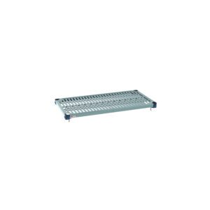 A white rectangular medical stretcher with metal slats and blue corner supports resembles the MetroMax Q MQ1836G Plastic Industrial Shelf, 18 x 36, viewed slightly angled from the top, set against a plain white background.
