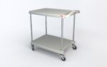 The Metro MY2030-24G myCart Series 2-Shelf Utility Cart features a gray finish with metal corner supports, measures 20 x 30, includes two shelves and four swivel wheels, and has a small red label on the top tier against a white background.