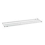A long, rectangular metal wire rack shelf with a grid pattern. The shelf is silver, featuring adjustable clips on the edges for mounting. It is empty and photographed against a plain white background.