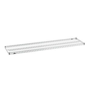 A long, rectangular metal wire rack shelf with a grid pattern. The shelf is silver, featuring adjustable clips on the edges for mounting. It is empty and photographed against a plain white background.