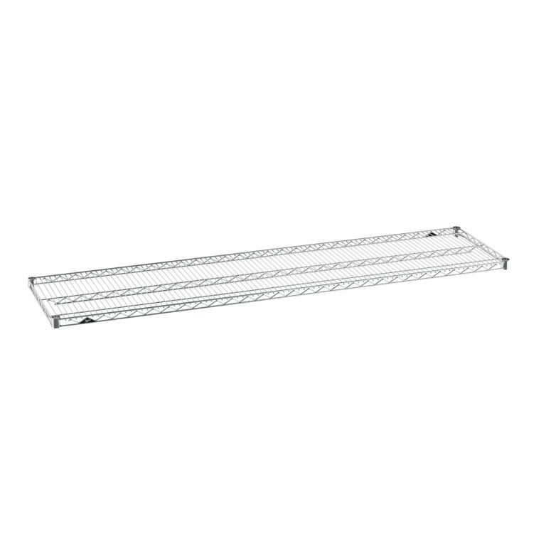 omc47sy72mk77826obrdcg9vblk55f3s.jpg A long, rectangular metal wire rack shelf with a grid pattern. The shelf is silver, featuring adjustable clips on the edges for mounting. It is empty and photographed against a plain white background.