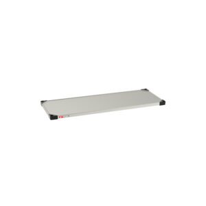 The Metro 1848FS Super Erecta Solid Shelf, made from standard stainless steel and featuring black corner brackets, measures 18 x 48. Its sleek design is isolated against a white background for a modern storage solution.