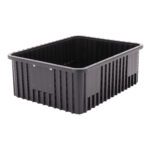 The Metro TB93080CAS Conductive Polypropylene Tote, Black, with ribbed sides and a slightly raised edge, measures 22.5 x 17.5 x 8, shown on a white background.