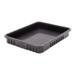 The Metro TB93030CAS Conductive Polypropylene Tote is a black 22.5 x 17.5 x 3 tray with a grid-patterned bottom and raised sides for secure handling.