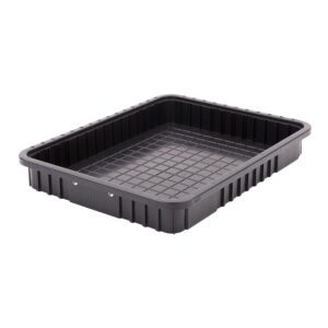 The Metro TB93030CAS Conductive Polypropylene Tote is a black 22.5 x 17.5 x 3 tray with a grid-patterned bottom and raised sides for secure handling.