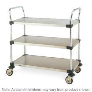 The Metro MW204 MW Series utility cart features a slim silver frame and black accents. It measures 18 x 30 x 38, equipped with four wheels, three solid stainless steel shelves, each with a flat surface, and dual handles on either side.