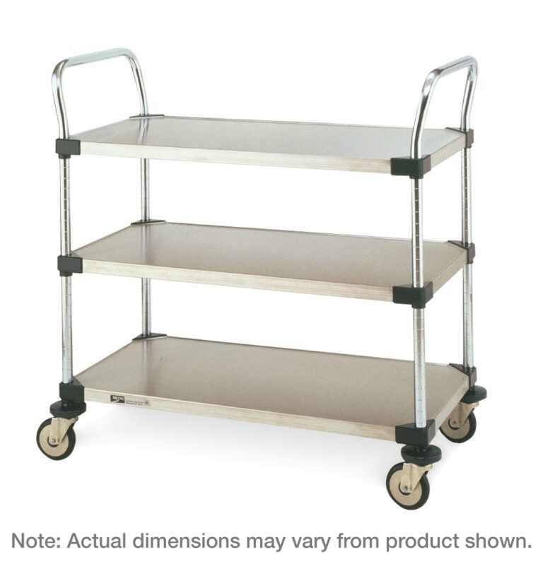 q6x7fl62iwumrvsvauu9f0eg8kh9zv6i.jpg The Metro MW204 MW Series utility cart features a slim silver frame and black accents. It measures 18 x 30 x 38, equipped with four wheels, three solid stainless steel shelves, each with a flat surface, and dual handles on either side.