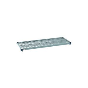 The MetroMax Q MQ1848G Plastic Industrial Shelf with Grid Mat, 18 x 48, features a grid design and corner brackets for easy mounting. This light blue, rectangular shelf offers versatility in any setting.