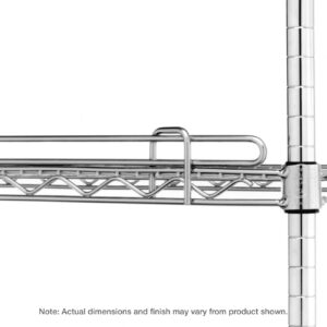 Close-up of a Metro L24N-1S Super Erecta 1 High Ledge for Wire Shelving in stainless steel, featuring a crisscross design at the edge supported by vertical poles. Note: Actual dimensions and finish may vary from product shown.