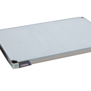 Rectangular electric vehicle battery pack with a silver top and black corners, lying flat on a white background. The design features subtle ridges and a sleek, modern appearance.
