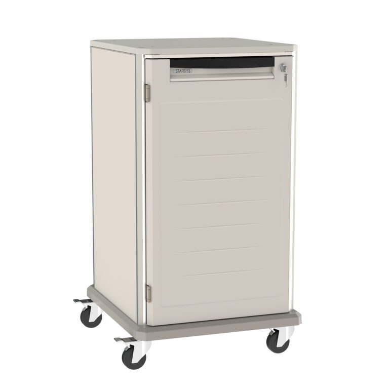 r6ur5syf5p509o0pi1ljvizrq2n5zwxx.jpg The Metro SXR40KL2 Starsys 40 Tall Key Locking Undercounter Storage Cart features a sleek, light gray metal design on wheels with a lockable door and top handle, offering security and portability. Its smooth finish contrasts elegantly against the plain white background.