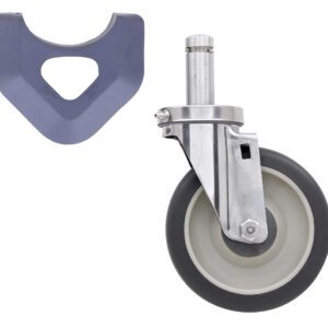 The Metro 5MPXGSA 5 polyurethane cart-washable swivel stem caster features a sturdy metal frame, gray tire, and a detachable gray bracket with a central hole, perfect for MetroMax shelving racks, all set against a white background.