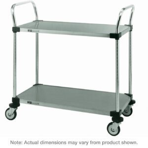 The Metro MW103 MW Series Utility Cart has two stainless steel shelves for versatile storage, with dimensions of 18 x 24 x 38. It includes handles and four wheels, though actual dimensions may vary.