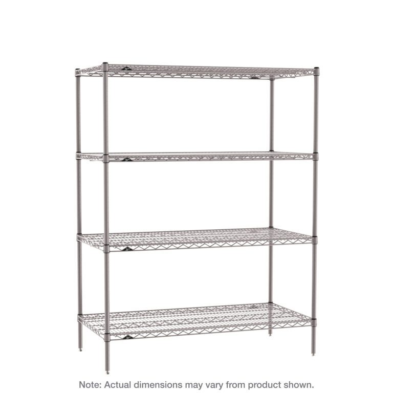 The Metro SE-186063K4-S-4 Super Erecta 4-Shelf Industrial Wire Shelving Starter Unit in Metroseal Gray Epoxy measures 18 x 60 x 63 with four wire shelves and vertical rods, noting that actual dimensions may vary.