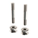 The Metro CRDD9972 Post Extension Hardware Kit for Super Erecta Shelving includes two shiny metal double-ended threaded studs and two silver lock nuts, all displayed on a plain white background.